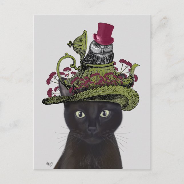 Carte Postale Chat noir avec théière et hibou (Devant)