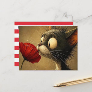 Carte postale Chat Noir & Blanc Fleur Rouge Rayure
