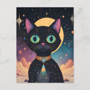 Carte Postale Chat noir cosmique futuriste atomique en clair de