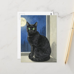 Carte Postale Chat noir dans la fenêtre par une nuit pluvieuse