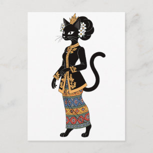 Carte Postale Chat noir dans l'art traditionnel de Kebaya en bat