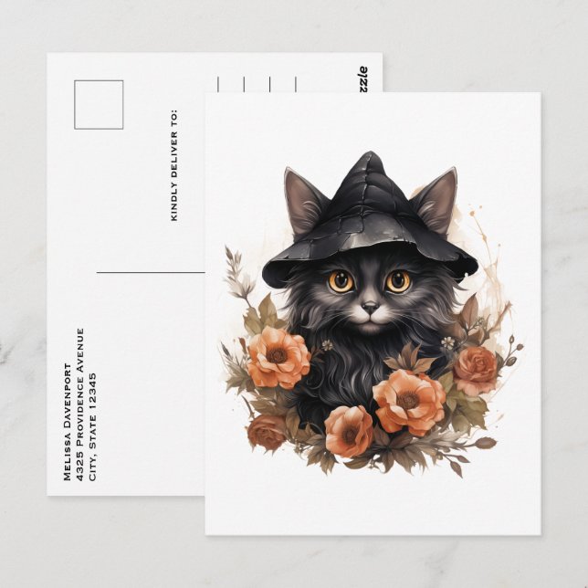 Carte Postale Chat noir dans le chapeau d'une sorcière noire Hal (Devant / Derrière)