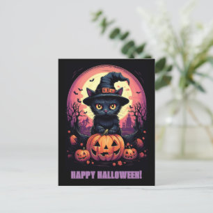 Carte Postale Chat Noir d'Halloween avec Citrouille et Chapeau d