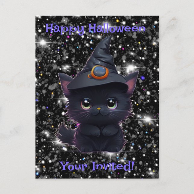 Carte Postale Chat noir d'Halloween blanc mignon (Devant)