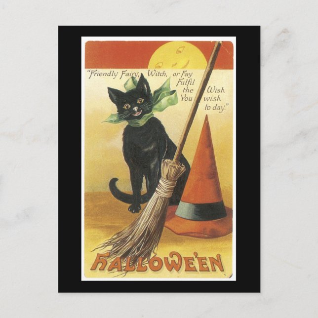 Carte Postale Chat noir d'Halloween et Fullmoon (Devant)