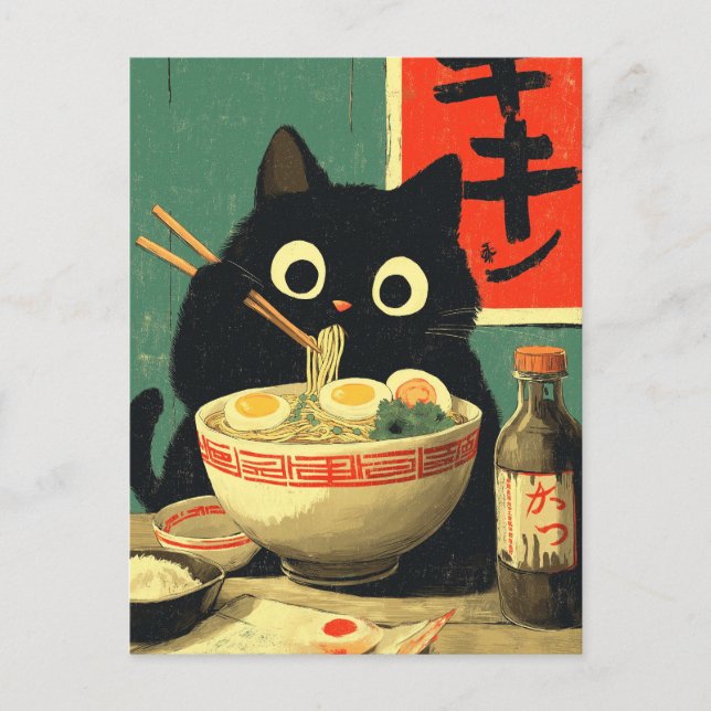 Carte Postale Chat noir drôle mangeant du Ramen (Devant)