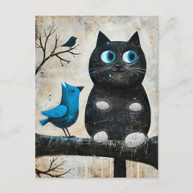 Carte Postale Chat noir effrayé et oiseau bleu sur la branche (Devant)