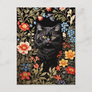 Carte Postale Chat Noir Élégant Fleurs Colorées