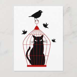 Carte Postale chat noir en cage à oiseaux