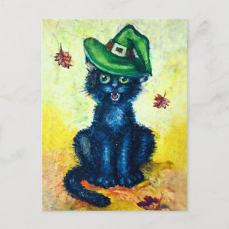 Carte Postale Chat noir en casquette sorcier