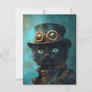Carte Postale Chat noir en costume Steampunk
