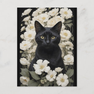 Carte Postale chat noir en fleurs blanches