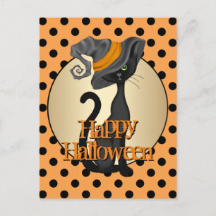 Carte Postale Chat noir en sorcière Casquette Halloween heureux