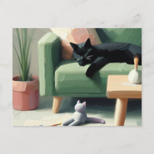 Carte Postale Chat Noir Endormi sur le Canapé Amoureux des Chats