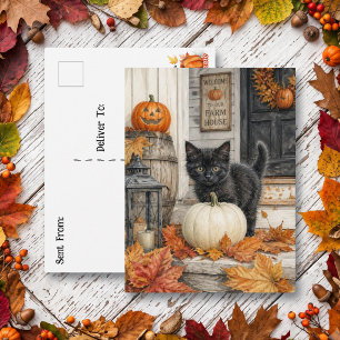 Carte Postale Chat noir et citrouille Joyeux Halloween