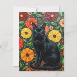 Carte Postale Chat noir et fleurs d'art populaire colorées