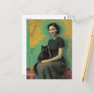 Carte Postale Chat noir et glitch de dame