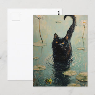 Carte Postale Chat noir et grenouille dans l'étang Lily
