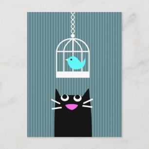 Carte Postale Chat noir et oiseau bleu en cage à oiseaux