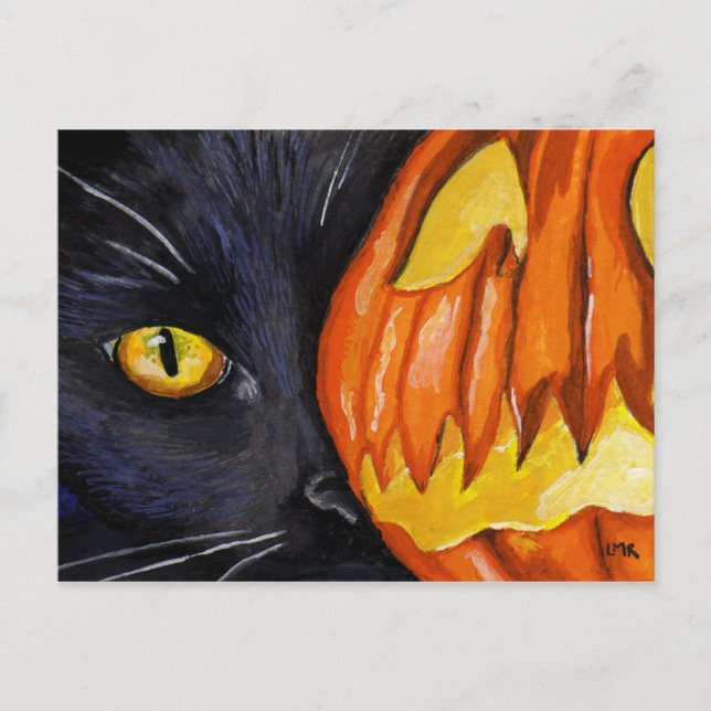 Carte Postale Chat noir et peinture Citrouille d'Halloween (Devant)
