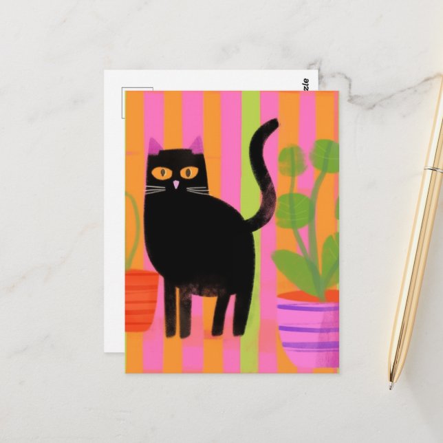 Carte Postale Chat noir et Plante (Devant/Arrière en situation)