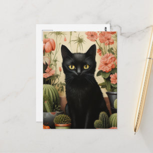 Carte Postale Chat noir et plantes de cactus