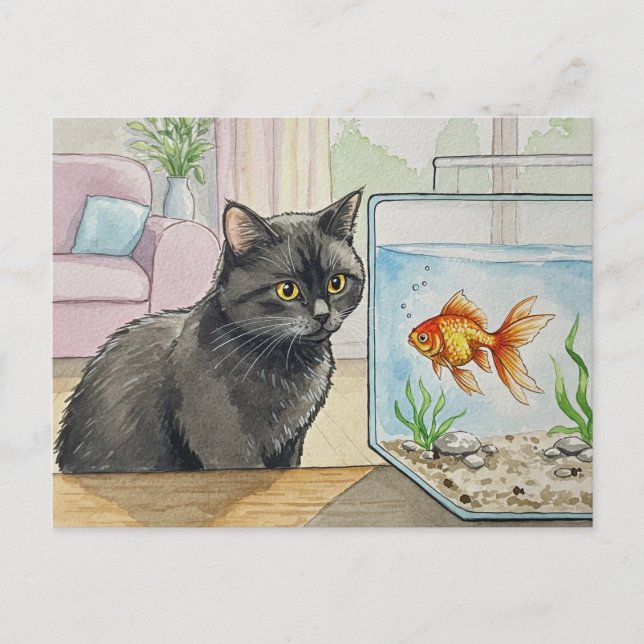 Carte postale Chat noir et Poisson rouge (Devant)