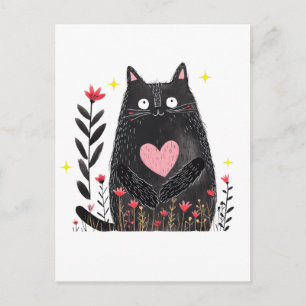 Carte Postale Chat noir grassouillet aquarelle florale avec cœur