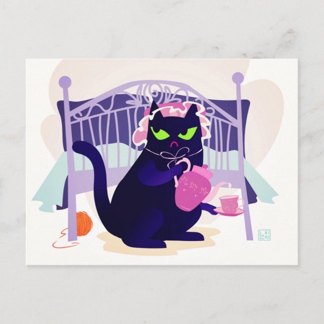 Carte Postale Chat noir grincheux dans un casquette endormi (Devant)