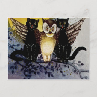 Carte Postale Chat noir Hibou Pleine lune Arbre Nuit