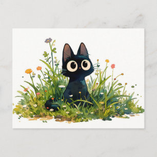Carte Postale Chat Noir Kawaii Aquarelle Herbe Haute
