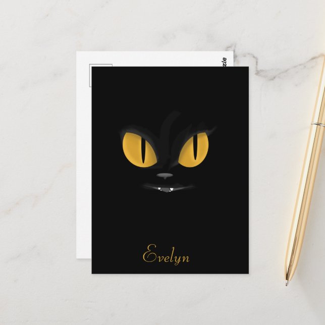 Carte Postale Chat noir mignon aux yeux jaune vif (Devant/Arrière en situation)