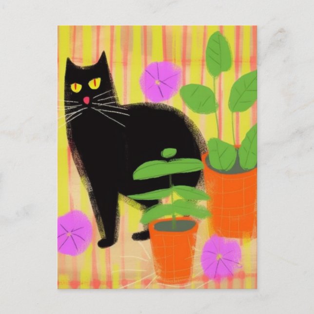 Carte Postale Chat noir mignon dans les plantes domestiques (Devant)