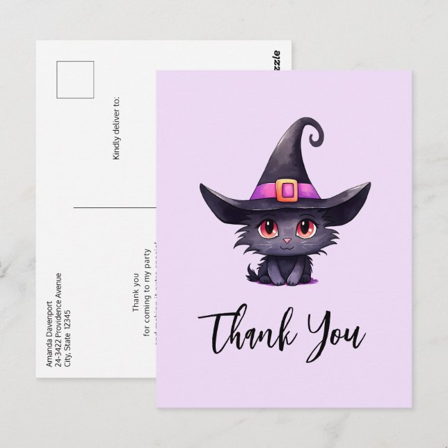 Carte Postale Chat noir mignon portant le Merci Casquette d'une  (Devant / Derrière)