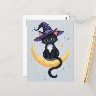 Carte Postale Chat noir mignon sur Crescent Moon Halloween Salut