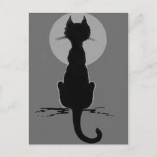 Carte Postale Chat Noir Pleine Lune Noir et Blanc Monochrome