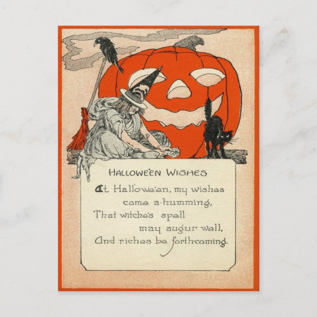 Carte Postale Chat noir Raven de Jack-o'-lantern de sorcière (Devant)