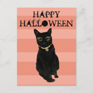 Carte Postale Chat noir rayé orange drôle et joyeux Halloween