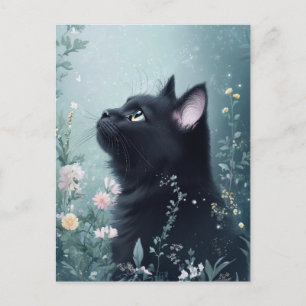 Carte Postale Chat noir regardant vers le haut dans un jardin de