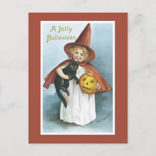 Carte postale Chat noir sorcière Halloween vintage