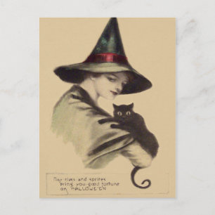 Carte Postale Chat noir sorcière souriante