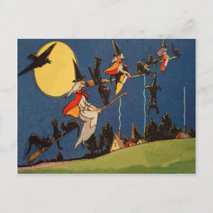 Carte Postale Chat noir sorcière volant lune corbeau