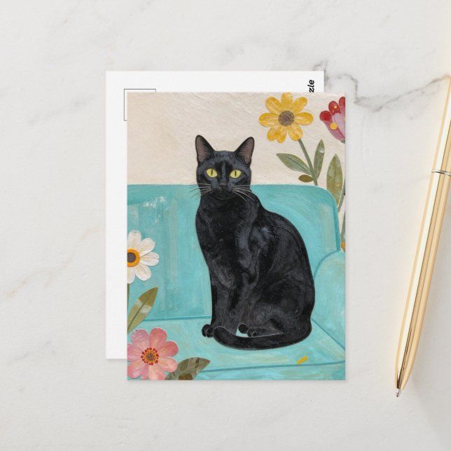 Carte Postale Chat noir sur un canapé bleu (Devant/Arrière en situation)