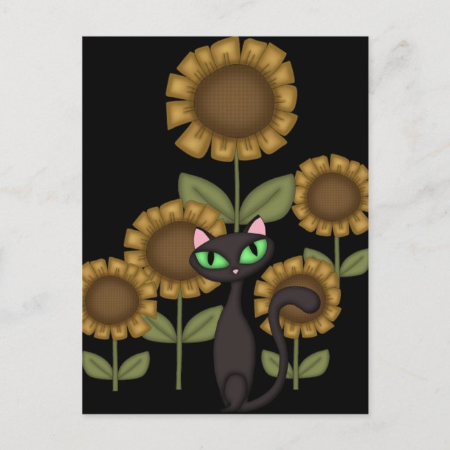 Carte Postale Chat noir tournesol (Devant)