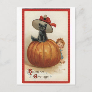 Carte Postale Chat noir vintage avec Casquette sorcier