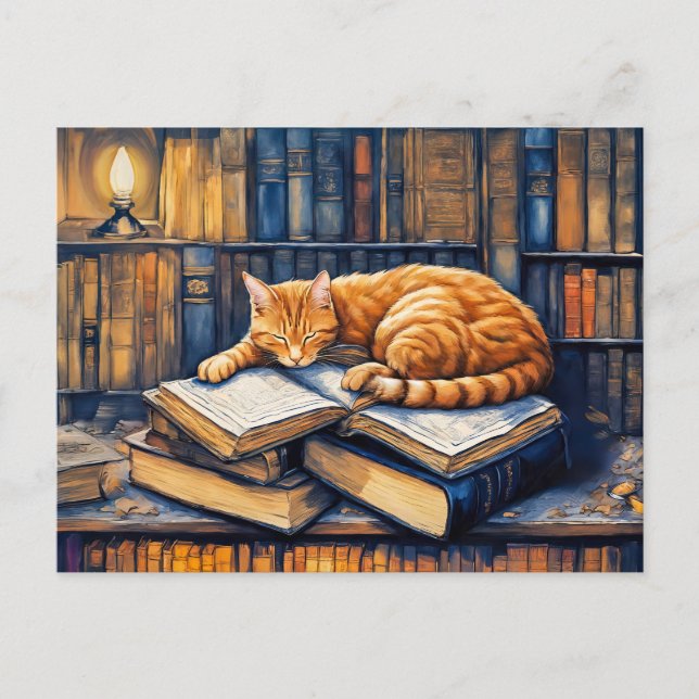 Carte Postale Chat orange aquarelle dormant sur des livres (Devant)