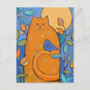 Carte Postale Chat orange avec oiseau par Sue Davis