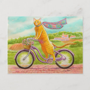Carte Postale Chat orange sur un vélo violet