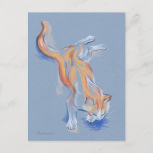 Carte Postale Chat Pastel Orange et Tabby blanc sur Bleu