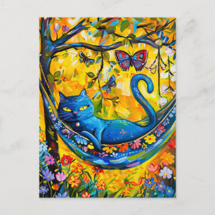 Carte Postale Chat peint dans Hammock Under Tree avec papillon